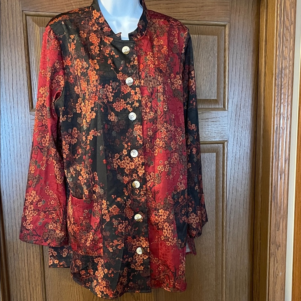 Soft Surroundings Red and Black Floral Button-Down Shirt